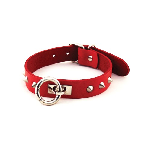 Rouge Leather Studded O Ring Collar for Bondage