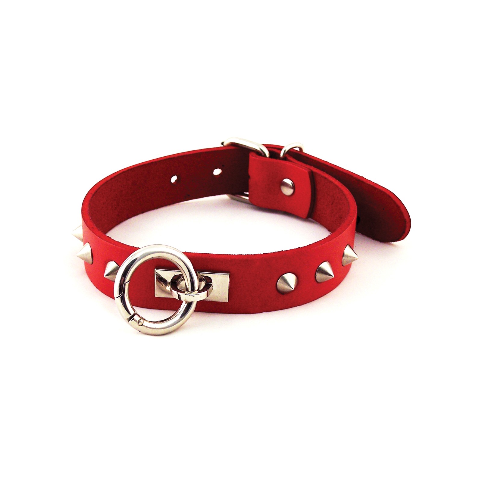 Rouge Leather Studded O Ring Collar for Bondage