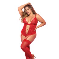 Lace Mesh Teddy with Garter Straps Red 2X/3X