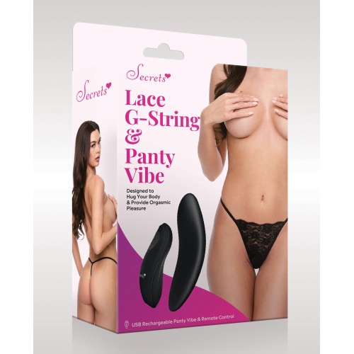 G-String de Encaje y Vibrador de Panty Secrets - Negro O/S