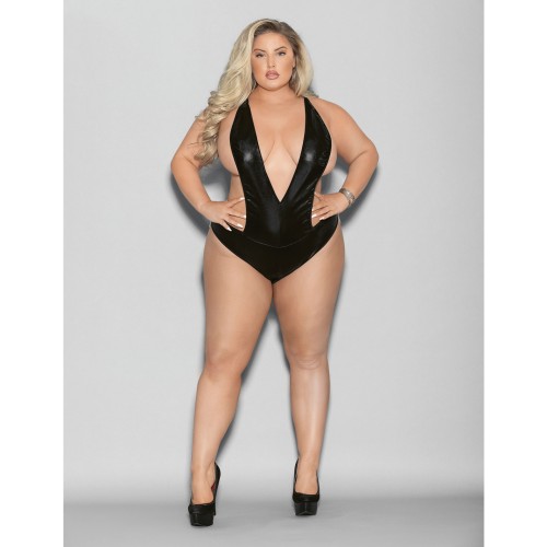 Euphoria Wet Look Deep V Teddy - Black Queen Size