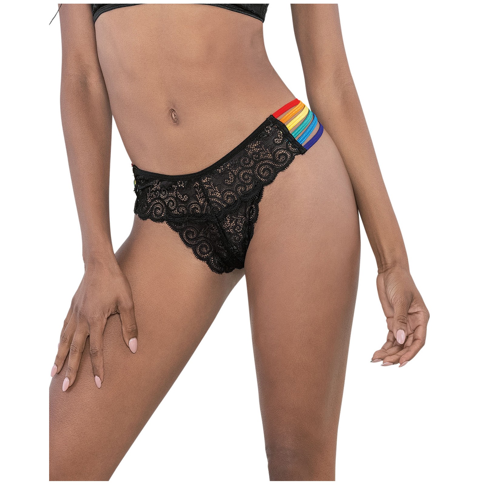 Panty de Encaje Pride con Cintas Lateral Arcoíris - Negro O/S