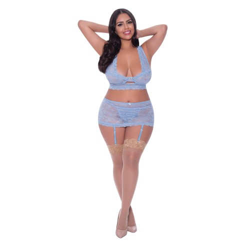 Conjunto de Bralette de Encaje Ooh La, Falda con Ligueros y Tanga - Periwinkle QN