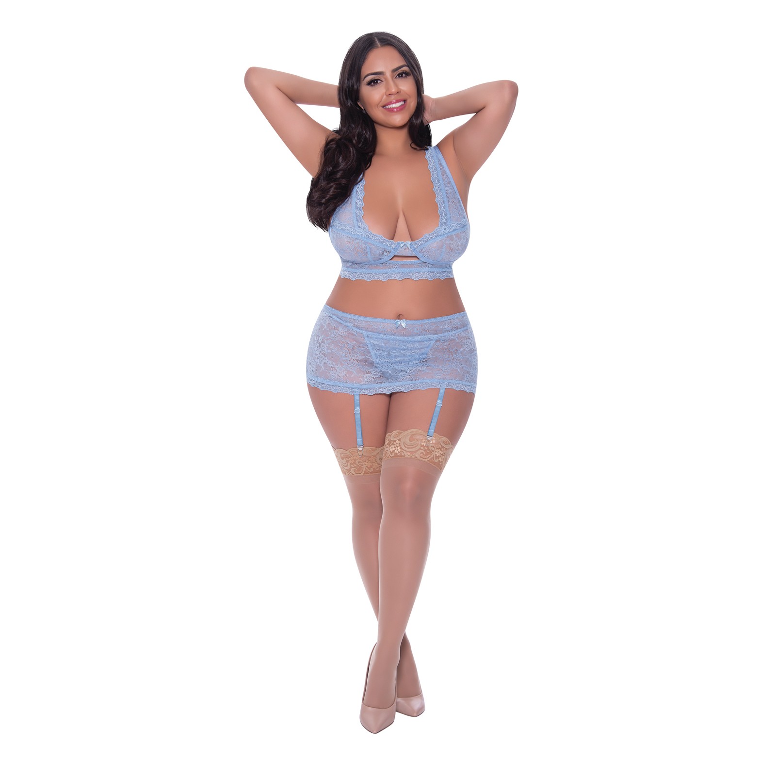 Conjunto de Bralette de Encaje Ooh La, Falda con Ligueros y Tanga - Periwinkle QN