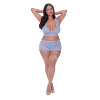 Conjunto de Bralette de Encaje Ooh La, Falda con Ligueros y Tanga - Periwinkle QN