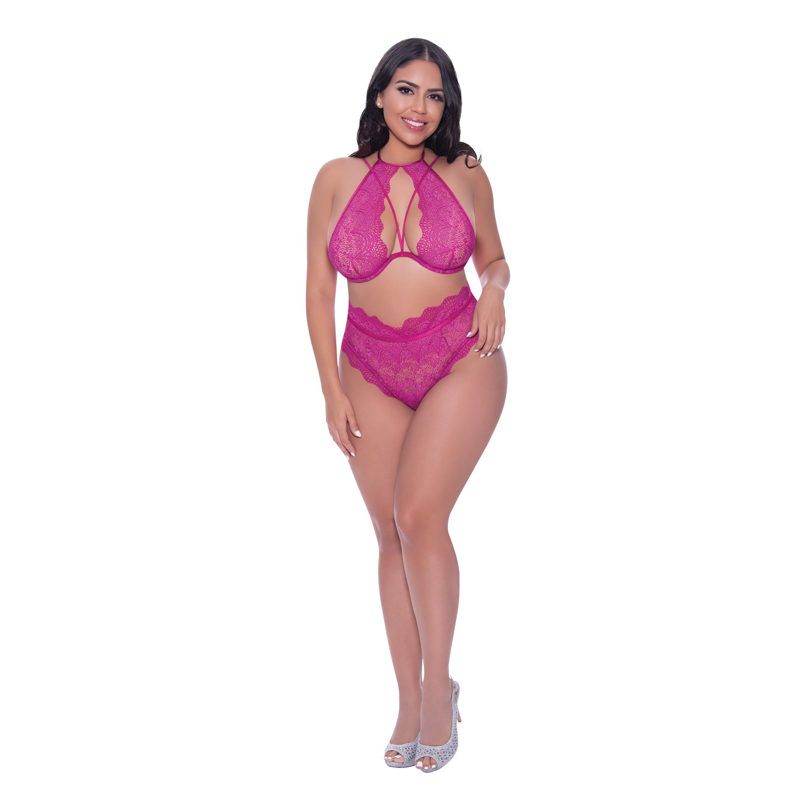 Top Halter de Encaje y Panty Berrylicious Rosa QN