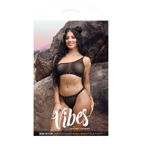 Vibes Bad Bitch One Shoulder Bling Bralette Panty Black L XL