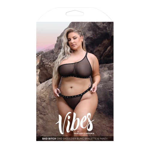 Conjunto Bralette y Panty de un Hombro Bad Bitch - Negro Feroz