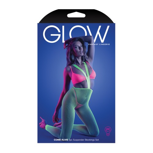 Glow Come Alive Suspender Stockings, Bralette & G-String Set