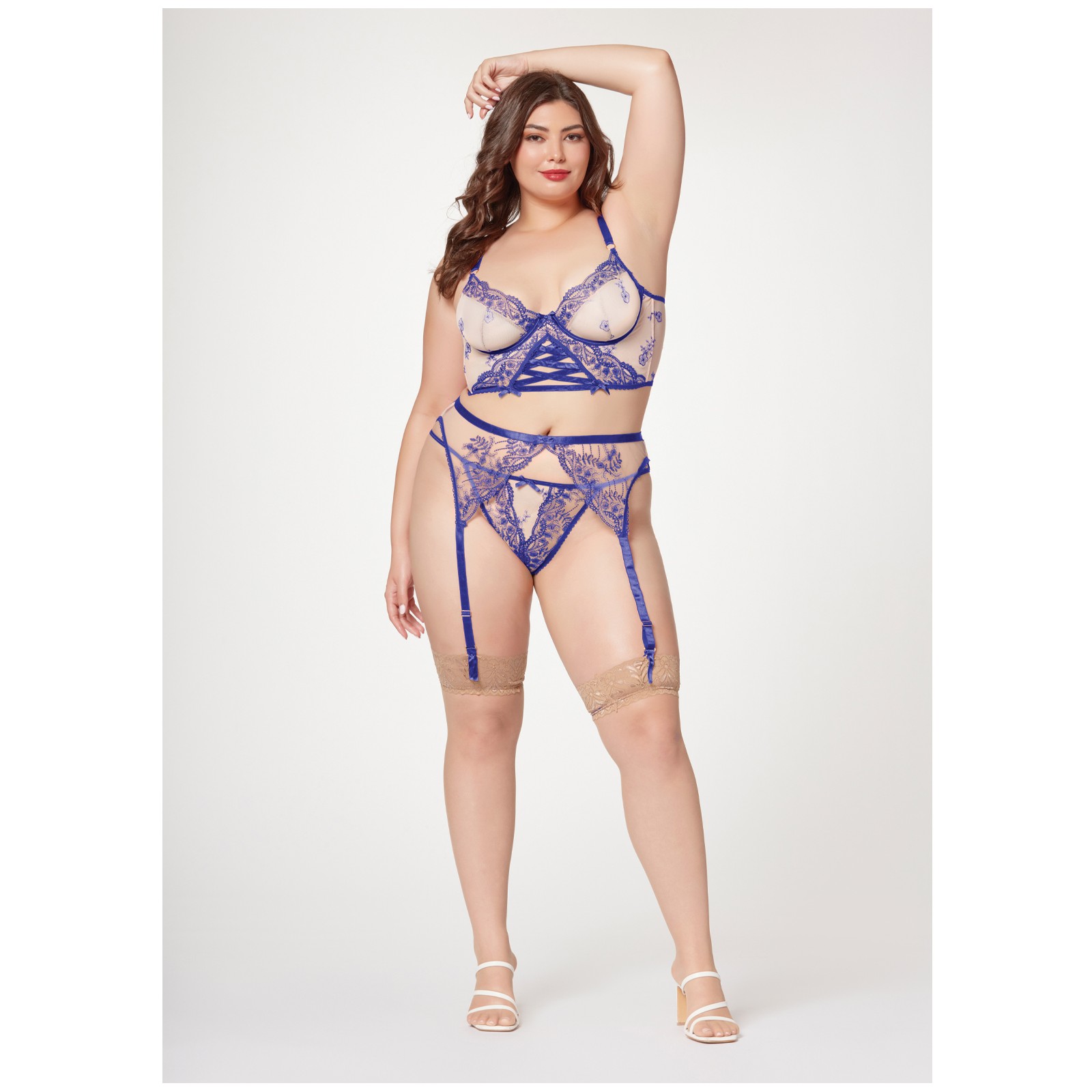 Sheer Floral Lace & Mesh Bustier Set in Blue/Nude