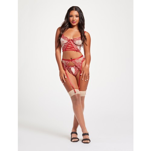 Sheer Stretch Mesh Bustier Garter Set Red Nude LG