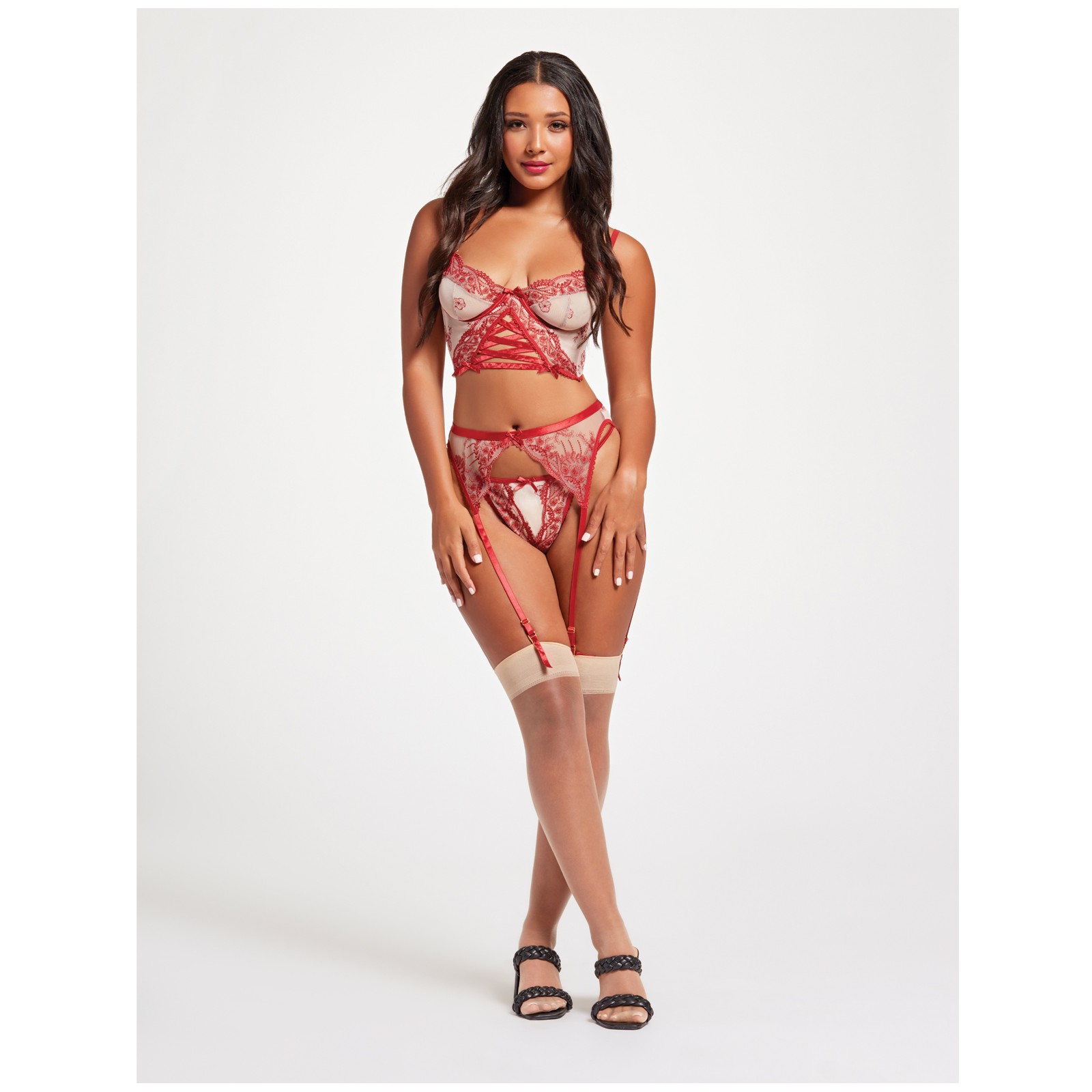 Sheer Stretch Mesh Bustier Garter Set Red Nude LG