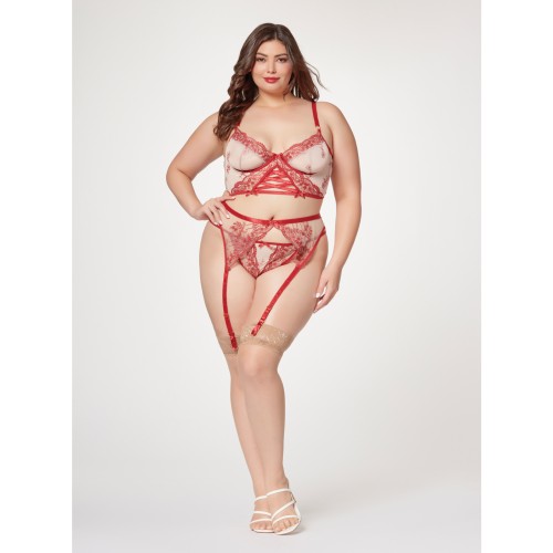 Plus Size Sheer Stretch Mesh Floral Bustier Set