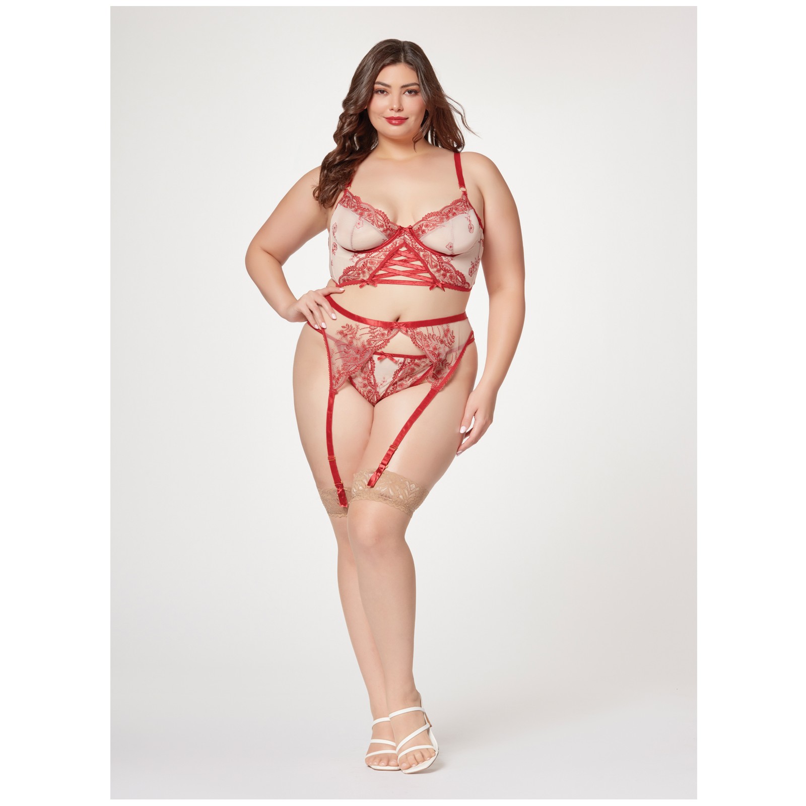 Plus Size Sheer Stretch Mesh Floral Bustier Set