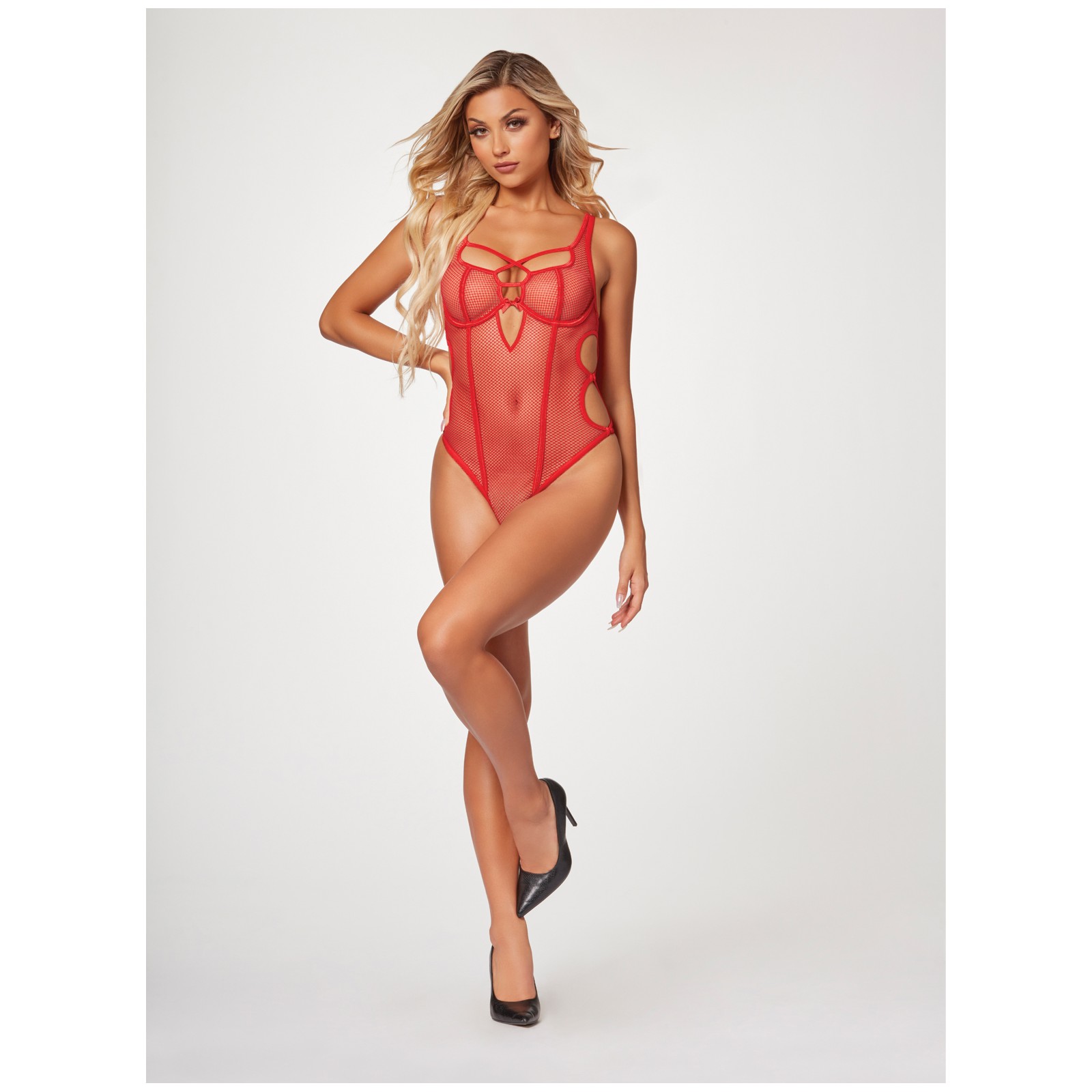 Elegant Red Fishnet Teddy with Garter