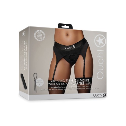 Shots Ouch Vibrating Strap On Thong with Adjustable Garters - Black M/L