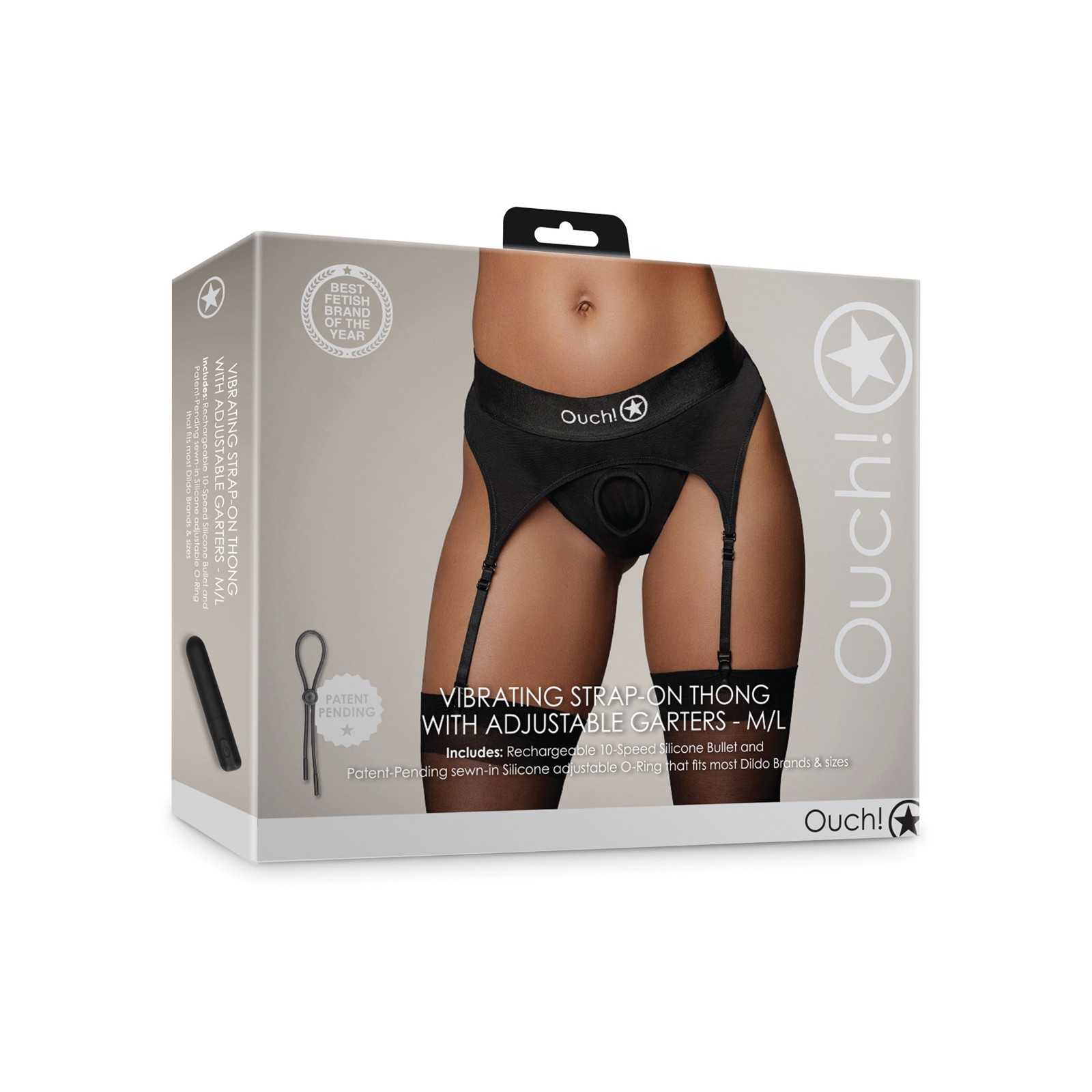 Shots Ouch Vibrating Strap On Thong with Adjustable Garters - Black M/L