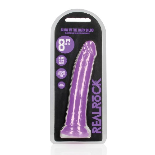 Dildo RealRock Slim de 8" que Brilla en la Oscuridad - Púrpura Neón