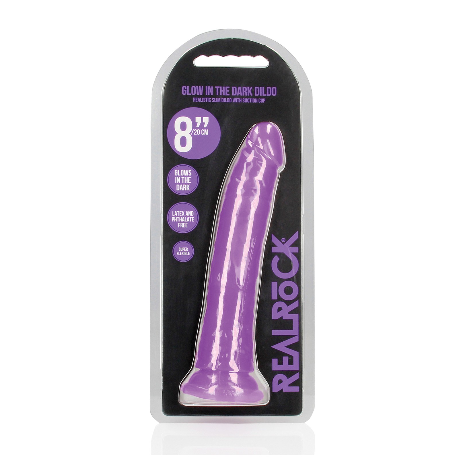 Dildo RealRock Slim de 8" que Brilla en la Oscuridad - Púrpura Neón