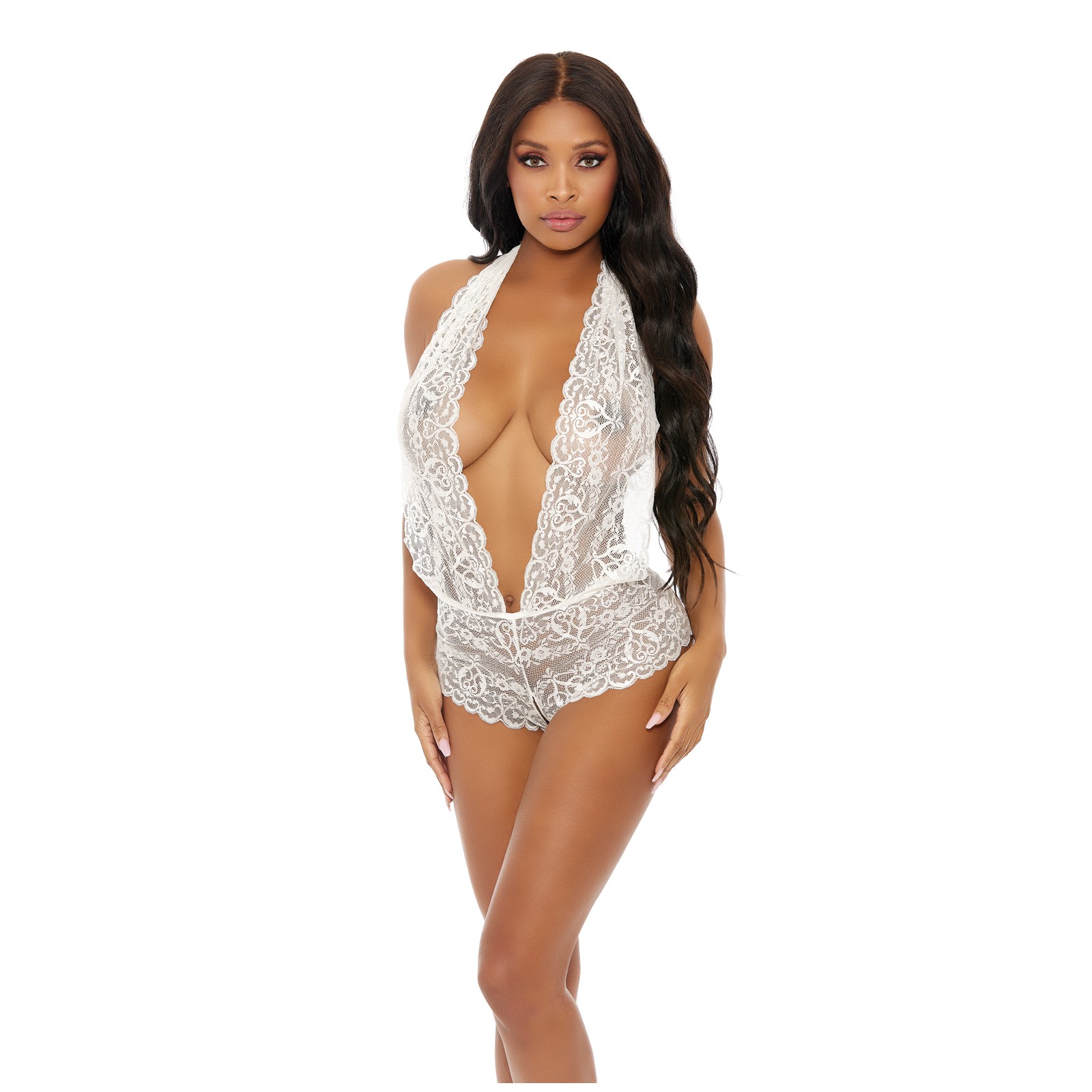 Sheer Lace Deep V Halter Bodysuit - White Lust