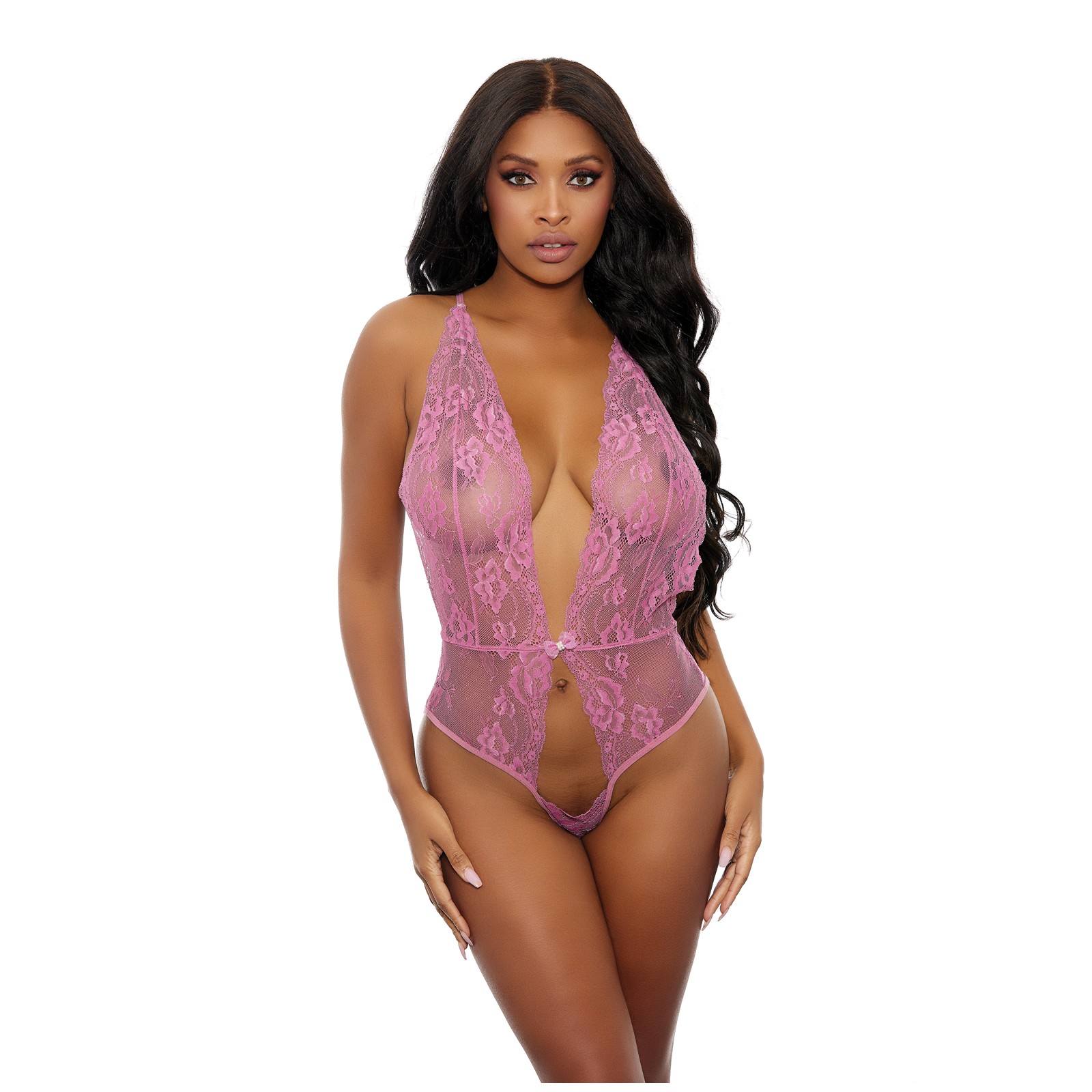 Sheer Lace Open Teddy - Pink O/S