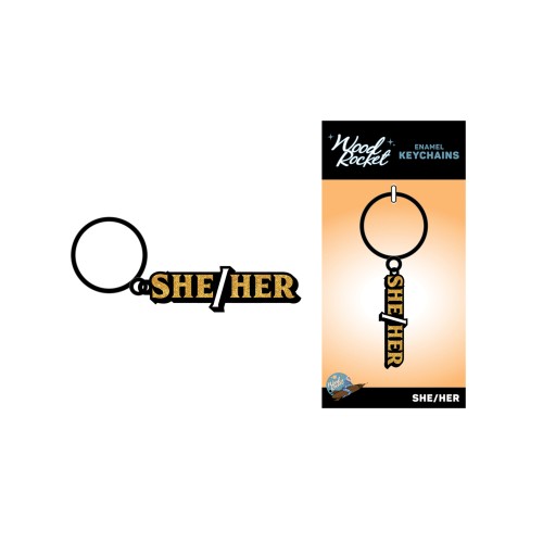 Wood Rocket She/Her Keychain Black Gold