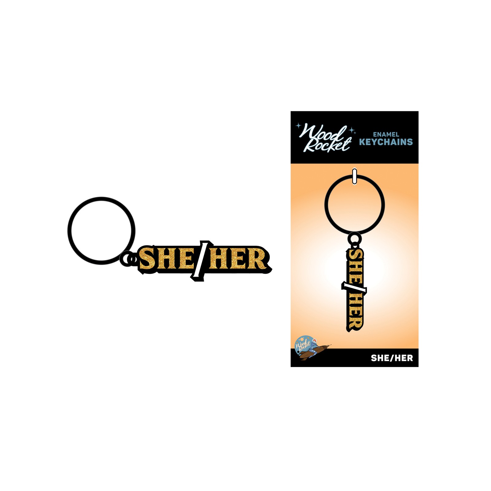 Wood Rocket She/Her Keychain Black Gold