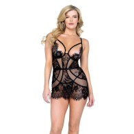 Chemise y Thong Femme Fatale de Encaje y Ruffle Negro MD