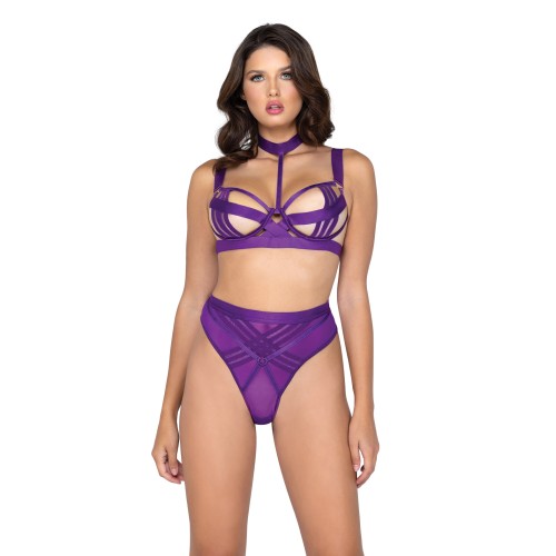 Conjunto de Sujetador y Panty de Rayas de Bondage Morado LG