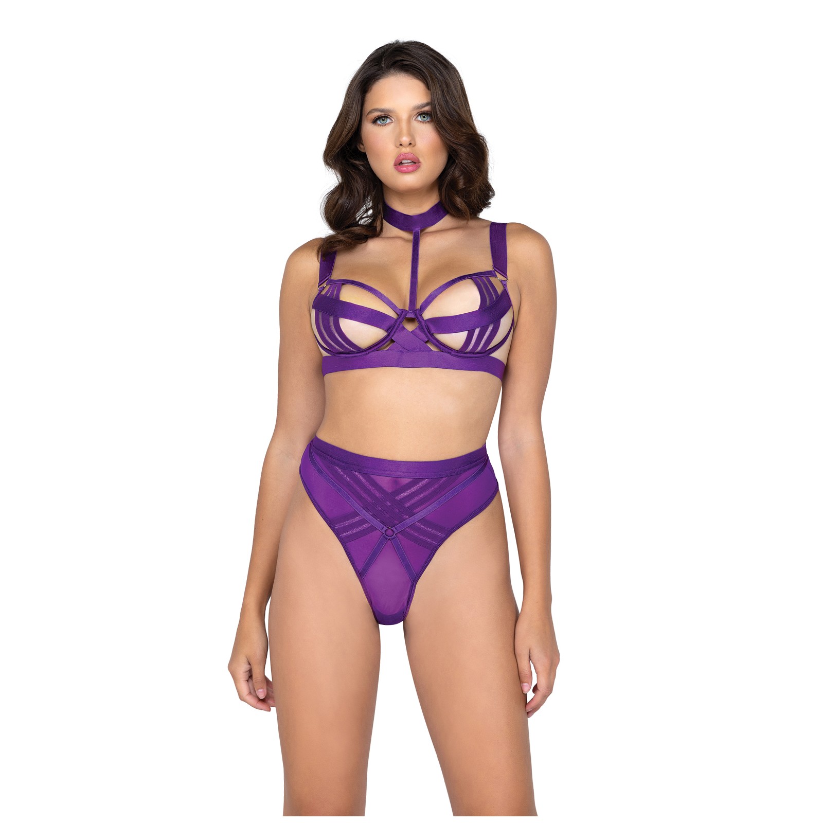 Bondage Stripe Demi Cup Bra Panty Set Purple LG