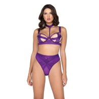 Bondage Stripe Demi Cup Bra Panty Set Purple LG