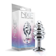 Nixie Ribbed Metal Butt Plug with Rainbow Gem for Pleasure