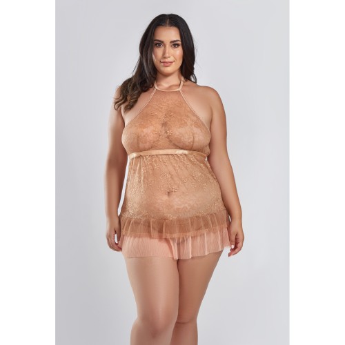 Babydoll de Encaje Halter Amber con Falda Plisada y G-String