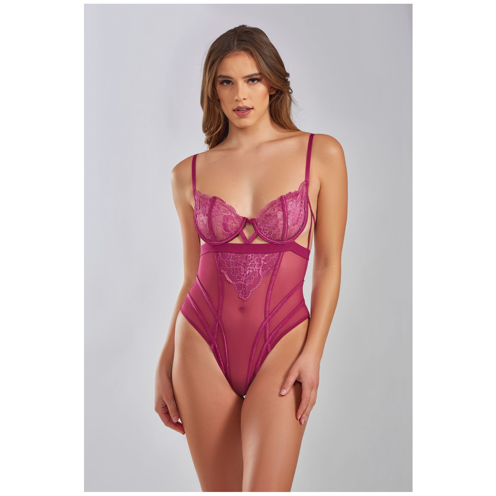 Quinn Cross Dyed Lace & Mesh Teddy - Wine