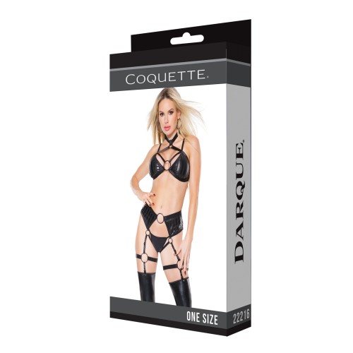 Darque Strappy Halter & Crotchless Garter Panty - Black