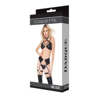 Darque Strappy Halter & Crotchless Garter Panty - Black