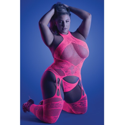 Glow Captivating Halter Bodystocking G-String Neon Pink