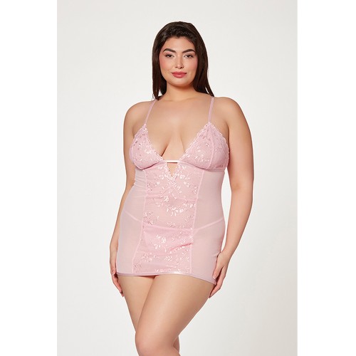 Floral Mesh Chemise and G-String Pink 1X/2X