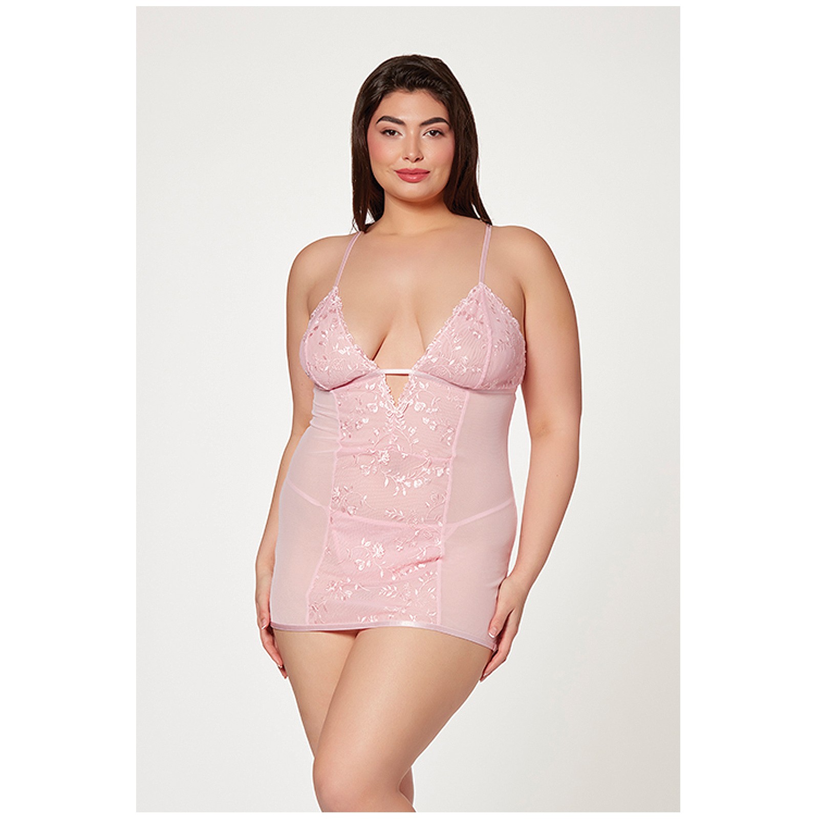 Floral Mesh Chemise and G-String Pink 1X/2X