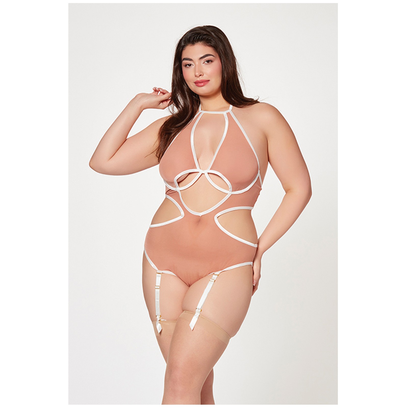 Mesh Cut Out Halter Teddy Nude/White QN