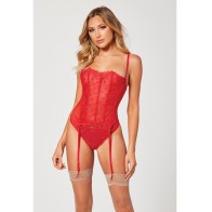 Bustier de Malla Bordada con Corazones y Panty Rojo XL