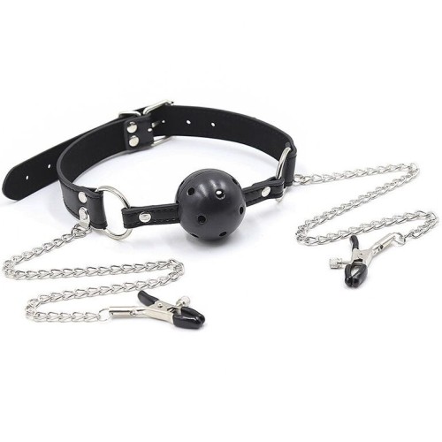 Ball Gag with Breathable Holes and Nipple Clamps