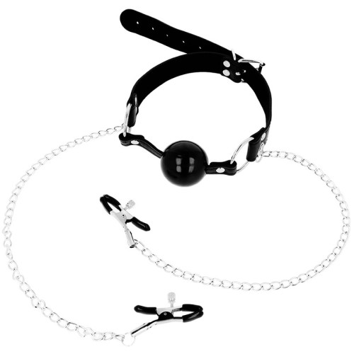 Black Ball Gag with Nipple Clamps for Exhilarating Pleasure