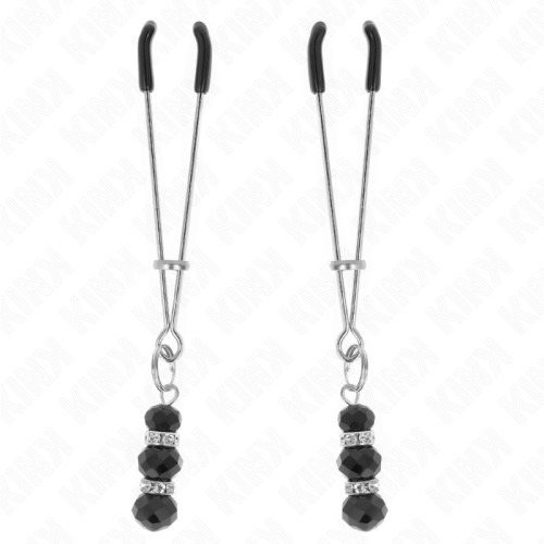 Kink Fine Silver Nipple Clamps with Triple Black Glass Balls - BDSM Accessory