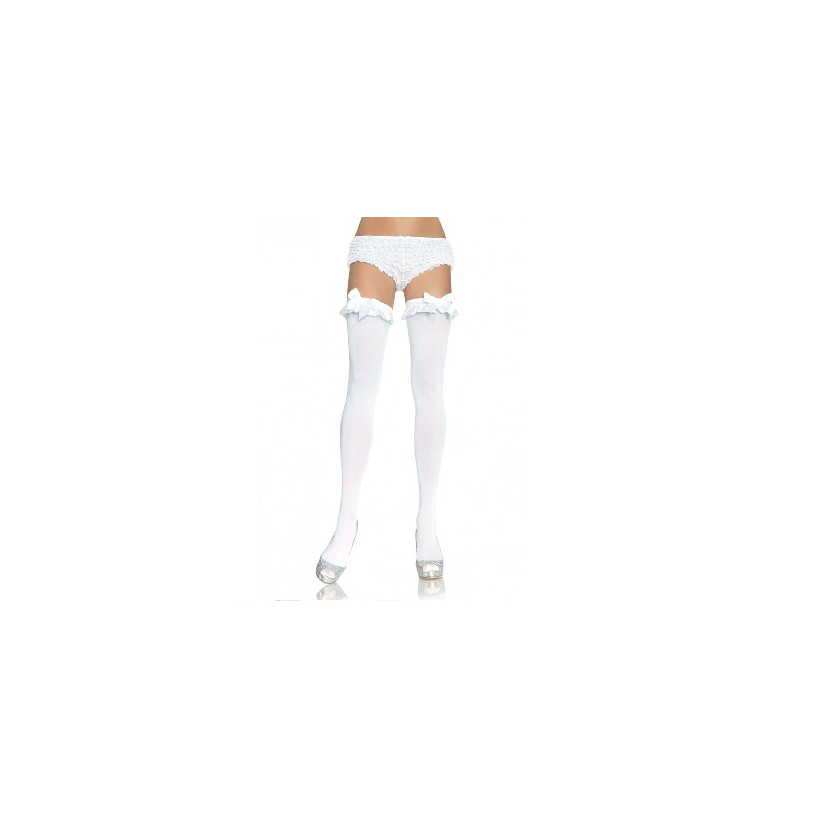 Leg Avenue Opaque White Stockings with Ruffles and Bow Finish