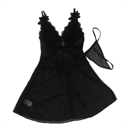 Subblime Black Tulle Babydoll with Lace Detail S/M