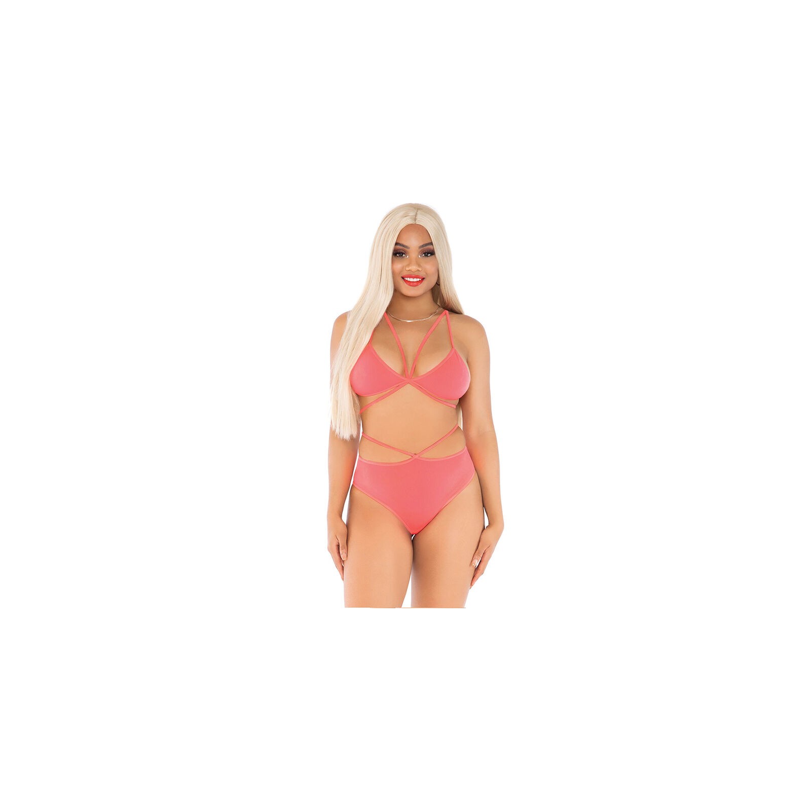 Leg Avenue Top & Thong with Straps Coral