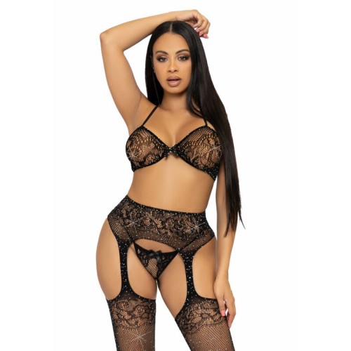 Leg Avenue Black Lace Bra Thong and Stockings Set