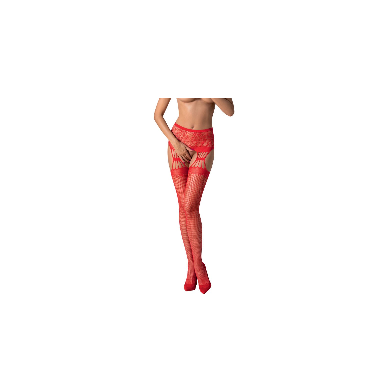 Passion S027 Stockings with Garter Red One Size