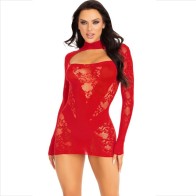 Mini Vestido De Encaje Con Manga Larga Rojo para Noches Elegantes